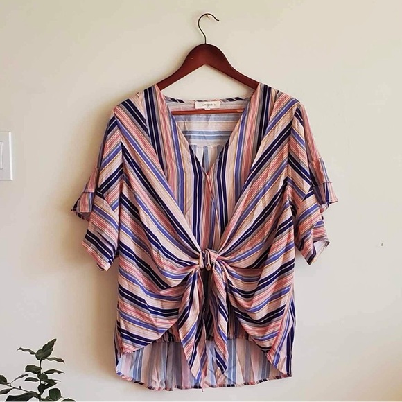 Umgee Striped Surplice Tie Front Flutter Sleeve Blouse - Picture 1 of 9